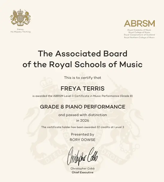 Freya Terris's ABRSM Grade 8 piano certificate, awarded a Distinction